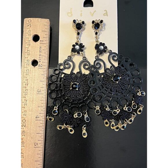 Womens Black Gold Tone Crystal Rhinestone Chandelier Dangle Earrings Round Diva - Picture 7 of 7